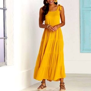 NWOT Mud Pie Mimi Tiered Maxi mustard crepe maxi dress adjustable shoulder ties